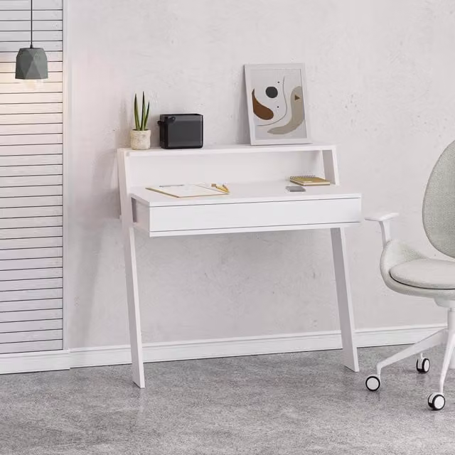 FWStyle Modern Wall Mounted Home Office Writing Desk with 1 Drawer and 1 Shelf in Matt White