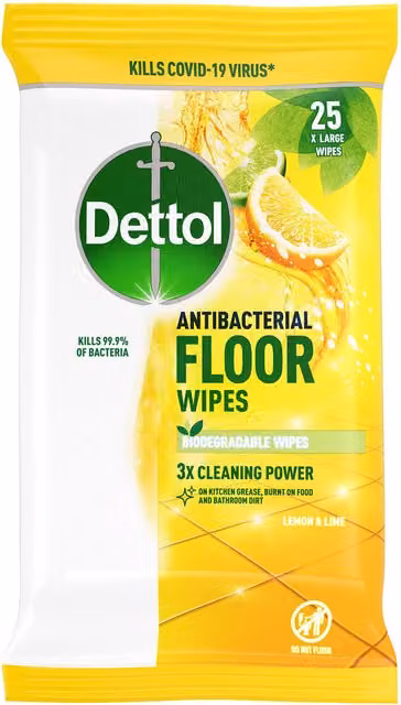 Dettol Citrus Floor Wipes Lemon and Lime, Yellow, Pack of 25