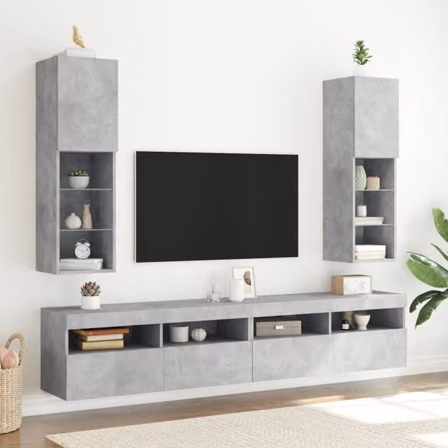 Berkfield Home Set of 2 Modern TV Cabinets with LED Lights in Concrete Grey, W/D/H: 30.5 x 30 x 102 cm