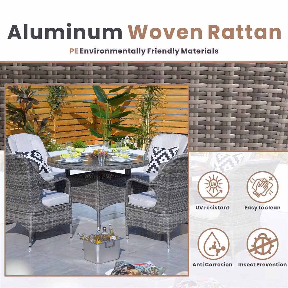 Direct Wicker 4-Seater Round Garden Dining Set in Grey with Powder Coated Aluminium Frame and Glass Top – 4