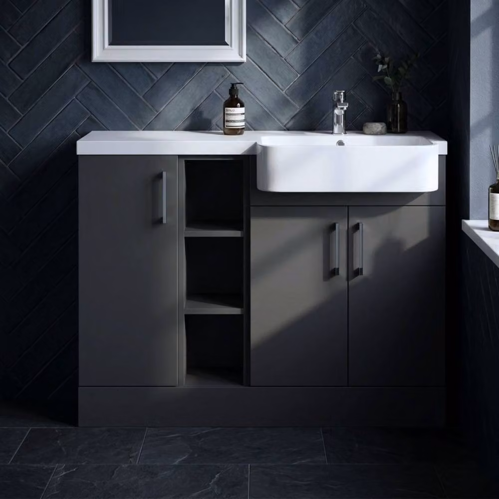 Balterley Wichnor Contemporary Floor Standing 3 Door Combination Vanity Basin Unit with Open Shelves and Polymarble Basin, Dark Grey, W: 110 cm, D: 60.75 cm, H: 85.5 cm – 3