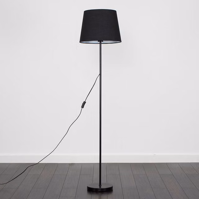 ValueLights Charlie Single Stem Floor Lamp with Tapered Fabric Lampshade in Black