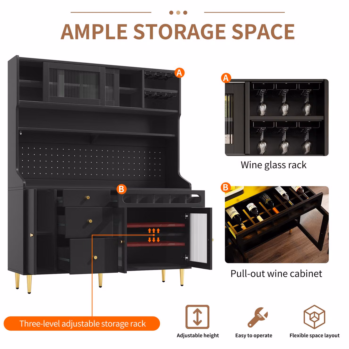 Aosom UK Modern Black Freestanding Highboard with LED Lighting, Adjustable Shelves and Pull-Out Wine Rack, W: 39 cm, D: 39 cm, H: 171 cm – 5