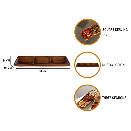 Premier Housewares 3-Section Rectangular Solid Wood Serving Dish, Brown, W: 40.0 cm, D: 14.0 cm, H: 4.0 cm – 5