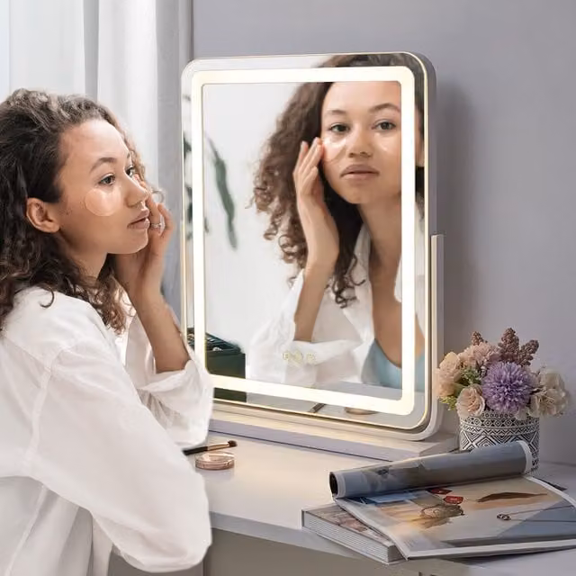 Livingandhome Adjustable Frameless LED Tabletop Vanity Mirror in White
