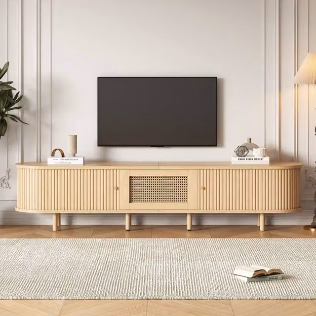 ModernLuxe Modern TV Cabinet with Rattan Drawer and 2 Sliding Doors in Beige, W: 180 cm, D: 40 cm, H: 40 cm – 1