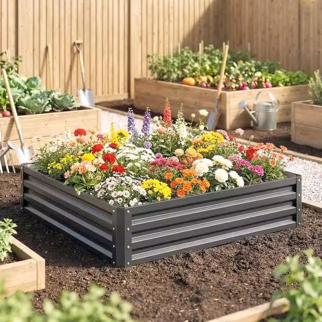 EONLION Grey Metal Raised Garden Bed for Vegetable and Ornamental Gardens W/D/H: 120 x 120 x 30 cm – 1