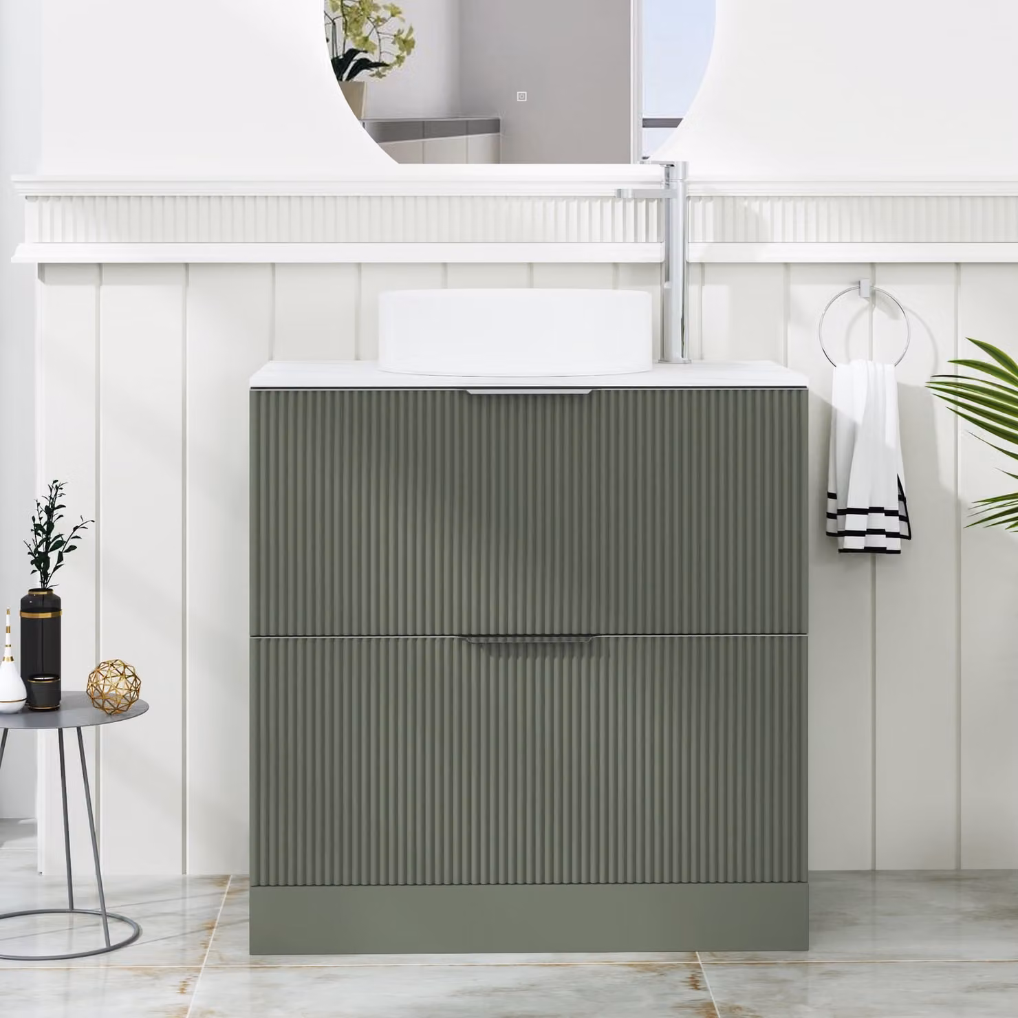 Royal Bathrooms Evora 800mm Sage Green Fluted Floor Standing Vanity Unit with 2 Drawers and Carrara White Stone Worktop