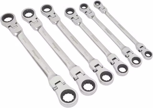 Loops 6-Piece Flexible Head Double Ended Ratchet Ring Spanner Set, 12-Point Metric Wrench in Silver and Multicolour