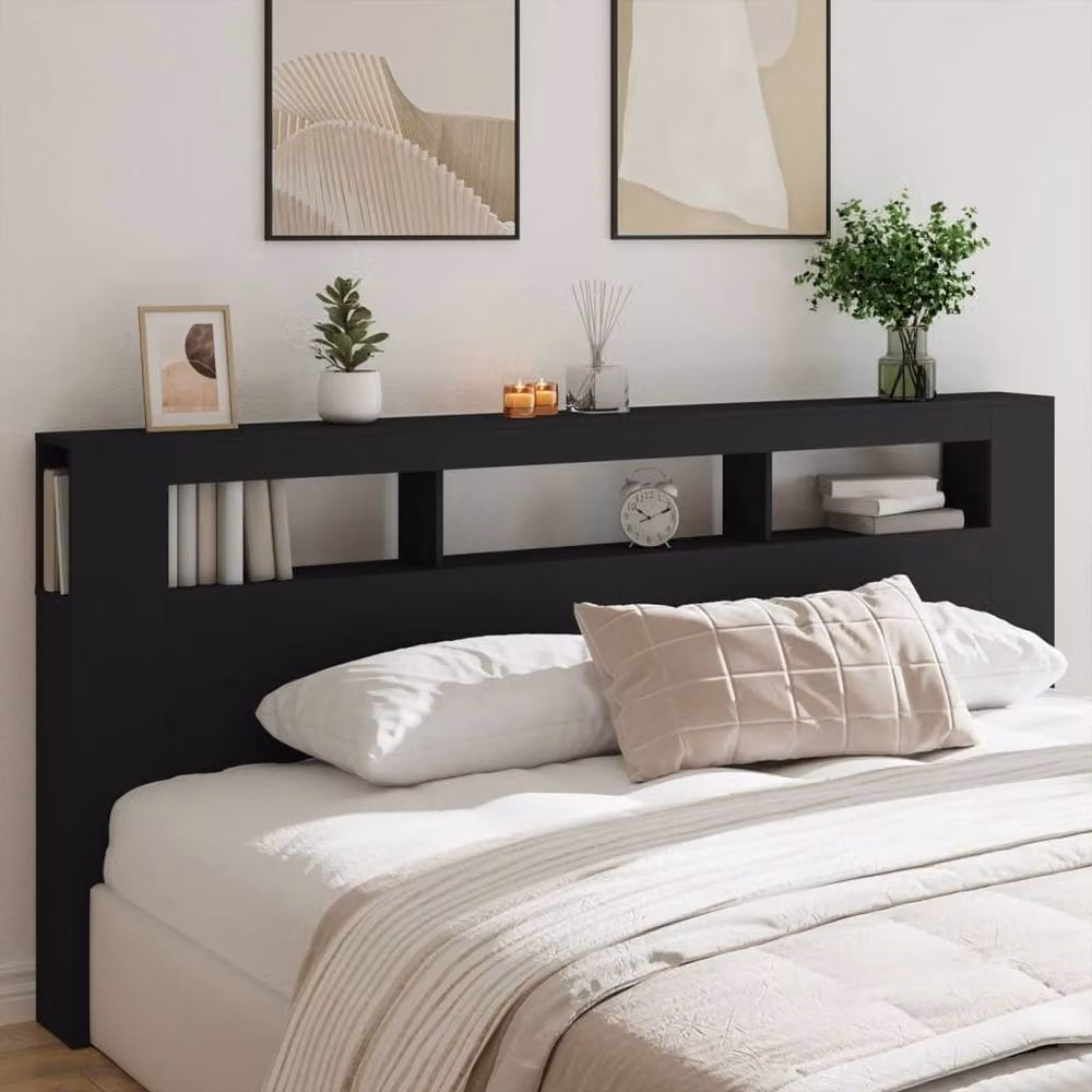 Berkfield Home Modern LED Headboard in Black with Integrated Lighting and Side Compartments, W: 220 cm, D: 18.5 cm, H: 103.5 cm – 4