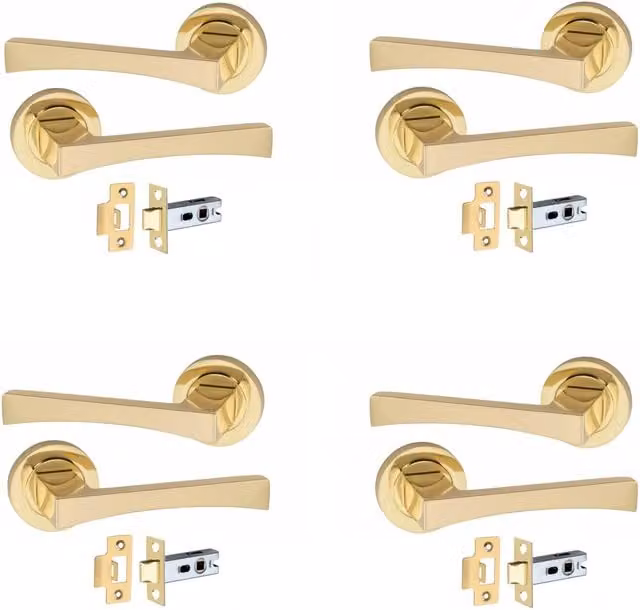 Golden Grace Brass Wave Door Handles on Round Rose with Tubular Latch, Electro Brass Finish, 4 Pairs