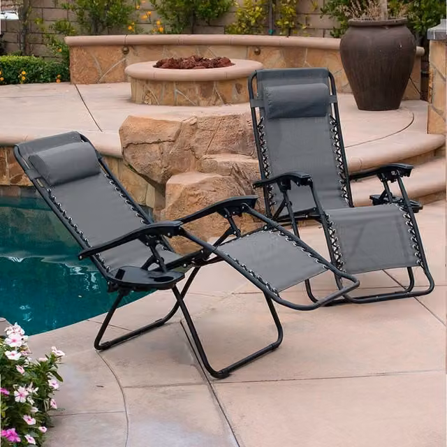 Neo Set of 2 Grey Zero Gravity Recliner Garden Sun Lounger Chairs with Textilene Fabric and Armrests