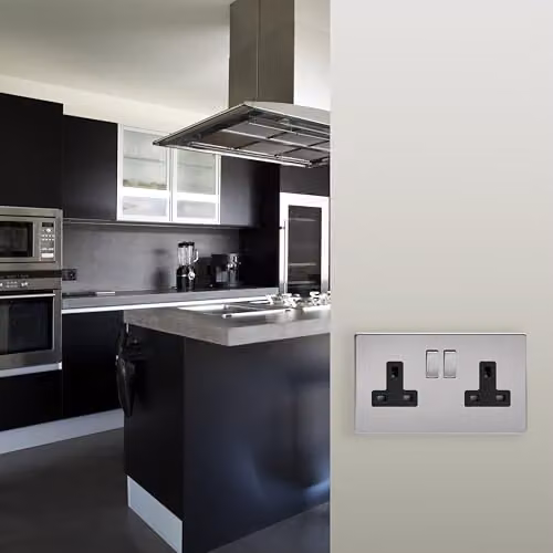 Varilight Double Switched Plug Socket, Brushed Steel with Black Insert, Grey, H x W x D: 86 x 147 x 32 mm – 2