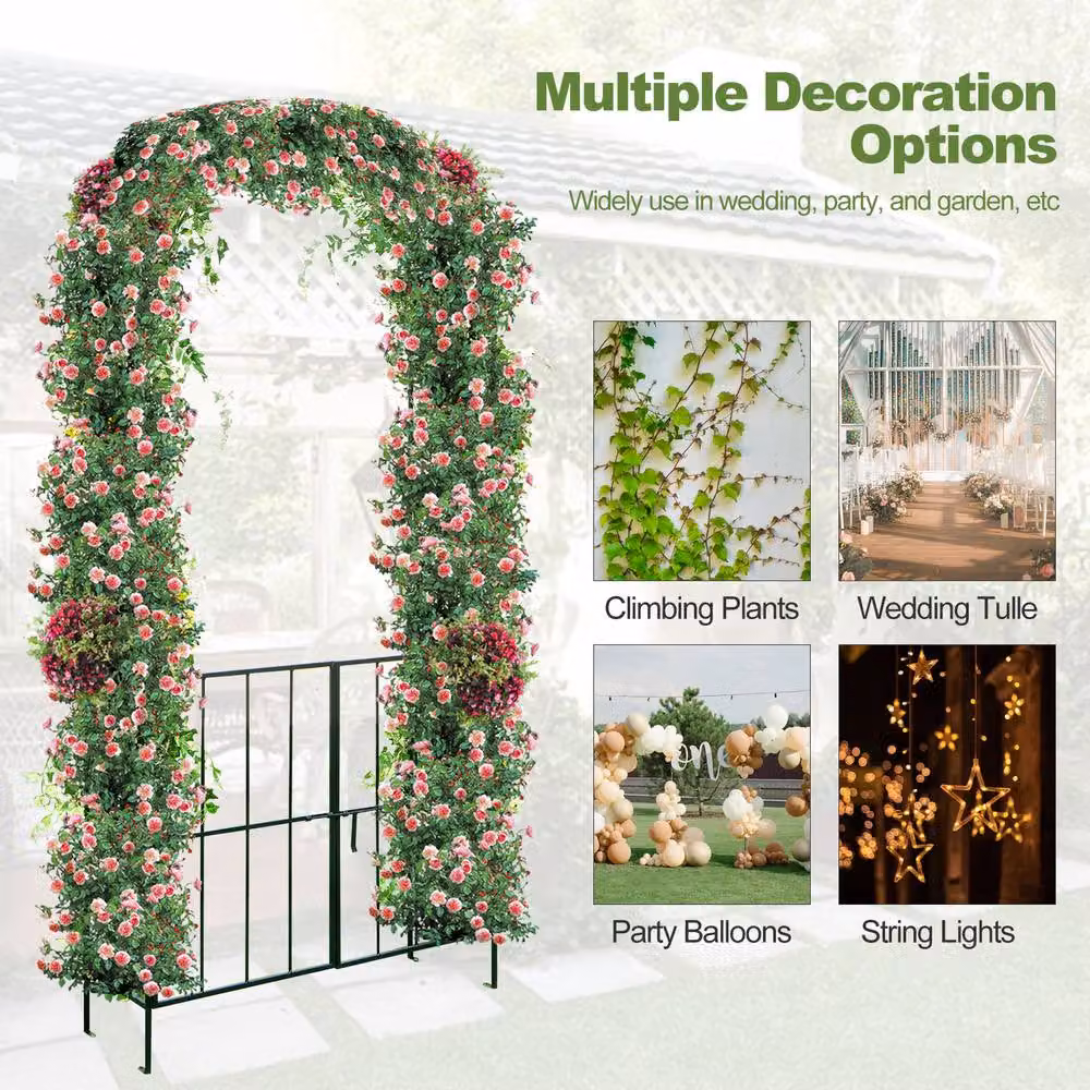 Gymax Black Metal Tall Arbour Archway Garden Trellis with Gate and Plant Stand, Height: 230 cm – 4