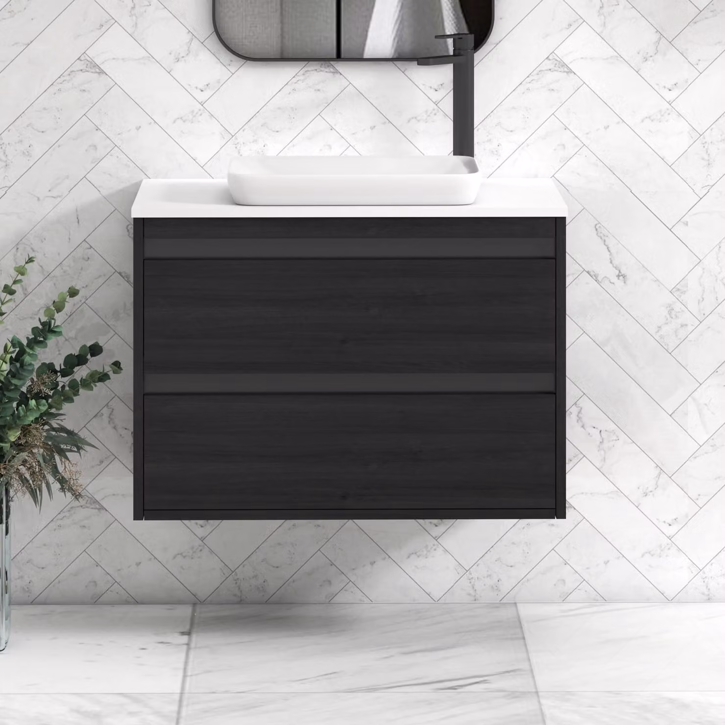 Royal Bathrooms Orion 800mm Hale Wall Hung Vanity Unit with Qubix Basin and Black Accent Trim, White and Black