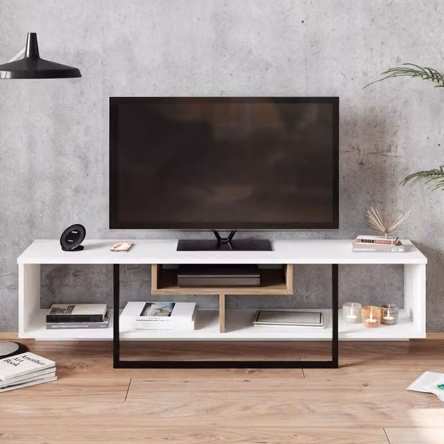 Decorotika Asal Minimalist TV Unit in White, Oak and Black, Width: 150 cm