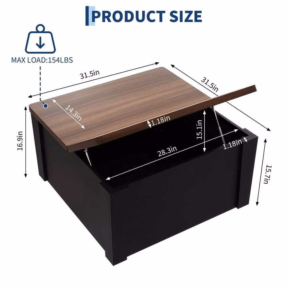 Havendro Black Modern Wooden Coffee Table with Lift Top Storage and Walnut Finish, Width: 80 cm – 2