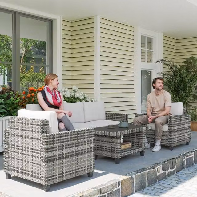 OUTSUNNY 5 Seater Wicker Outdoor Furniture Set with Upholstered Cushions and Coffee Table in Grey – 1