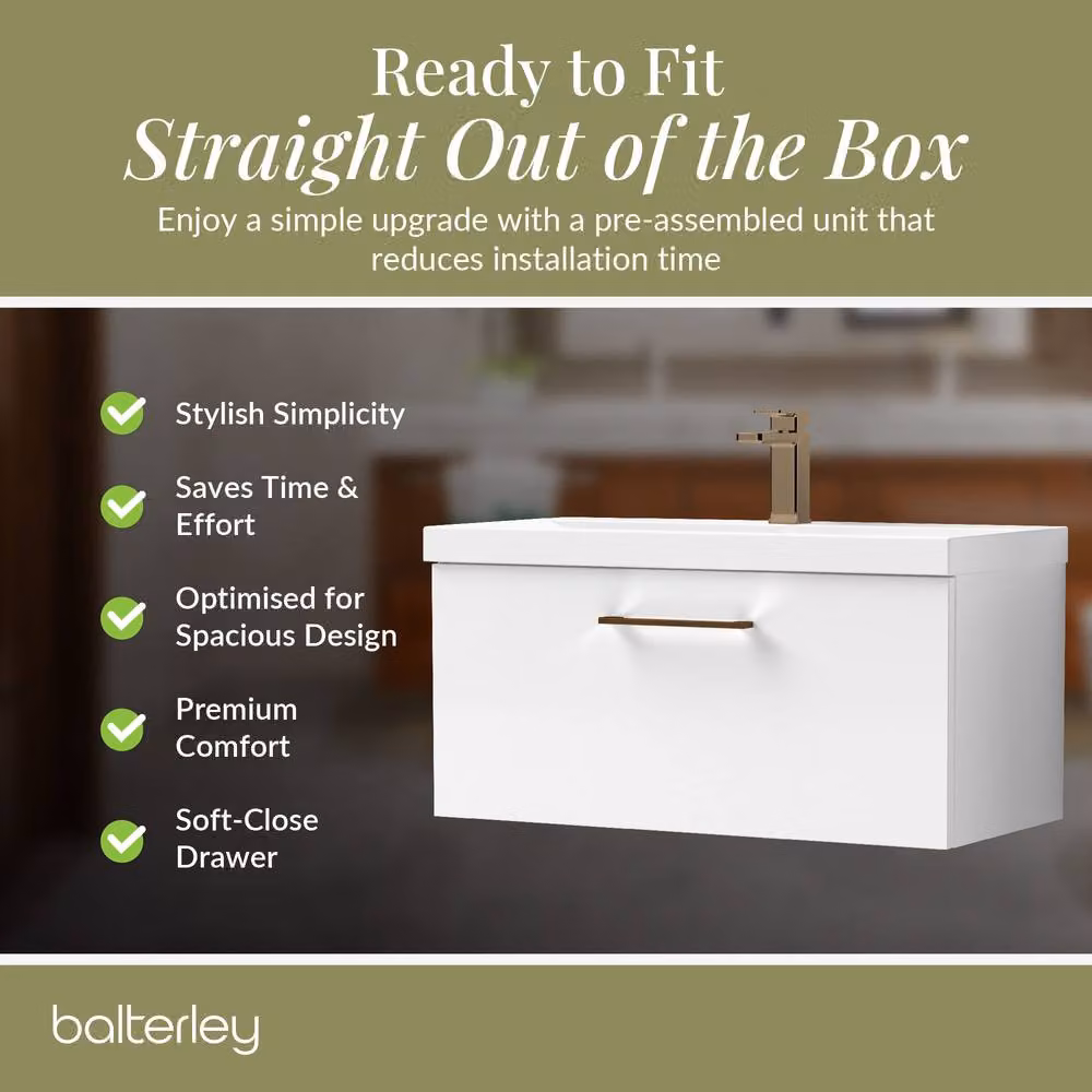 Balterley Gloss White Wall Hung 1 Drawer Vanity Basin Unit with Bronze Handle, Width: 80 cm – 4