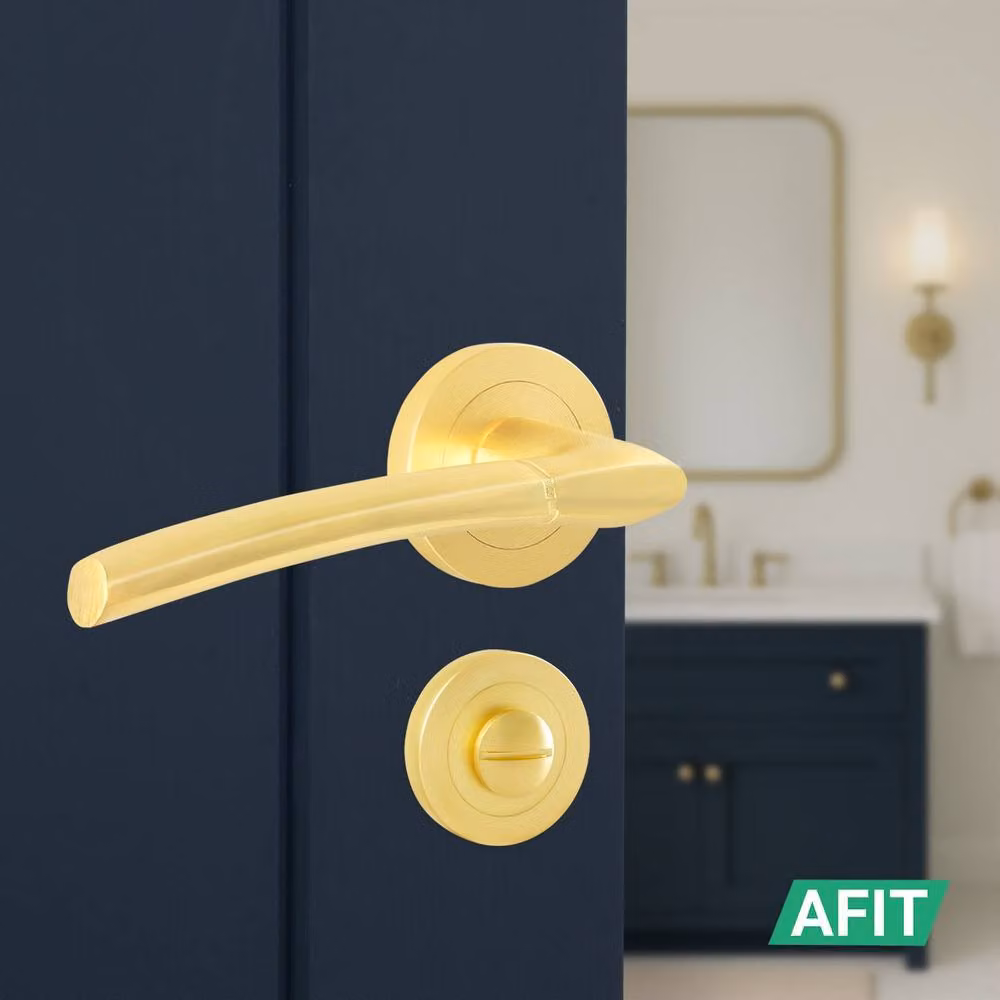 AFIT Gold Brass Bathroom Handle Rose Kit with 1 Pair of Levers, 64mm Lock and Hinges, W/D/H: 15.2 x 15 x 15 cm – 4