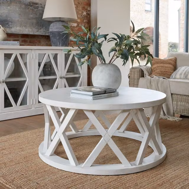 KDMK White Round Pine Wood Coffee Table with Geometric X-Frame Design
