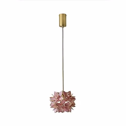 ValueLights Reine Pink Glass Flower Pendant Light with Brushed Gold Thread and LED Bulb – 1