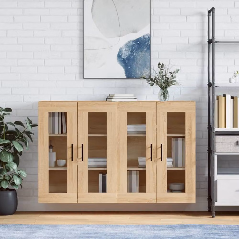 Berkfield Home Set of 2 Wall Mounted Cabinets in Sonoma Oak and Light Tan with Glass Doors – 2