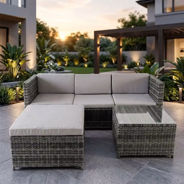 Alivio 3 Seater Rattan Garden Corner Sofa Set with Coffee Table in Grey