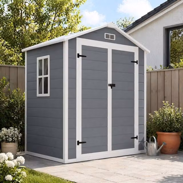 STILVORA Grey Garden Storage Shed with Lockable Double Doors and Gable Roof