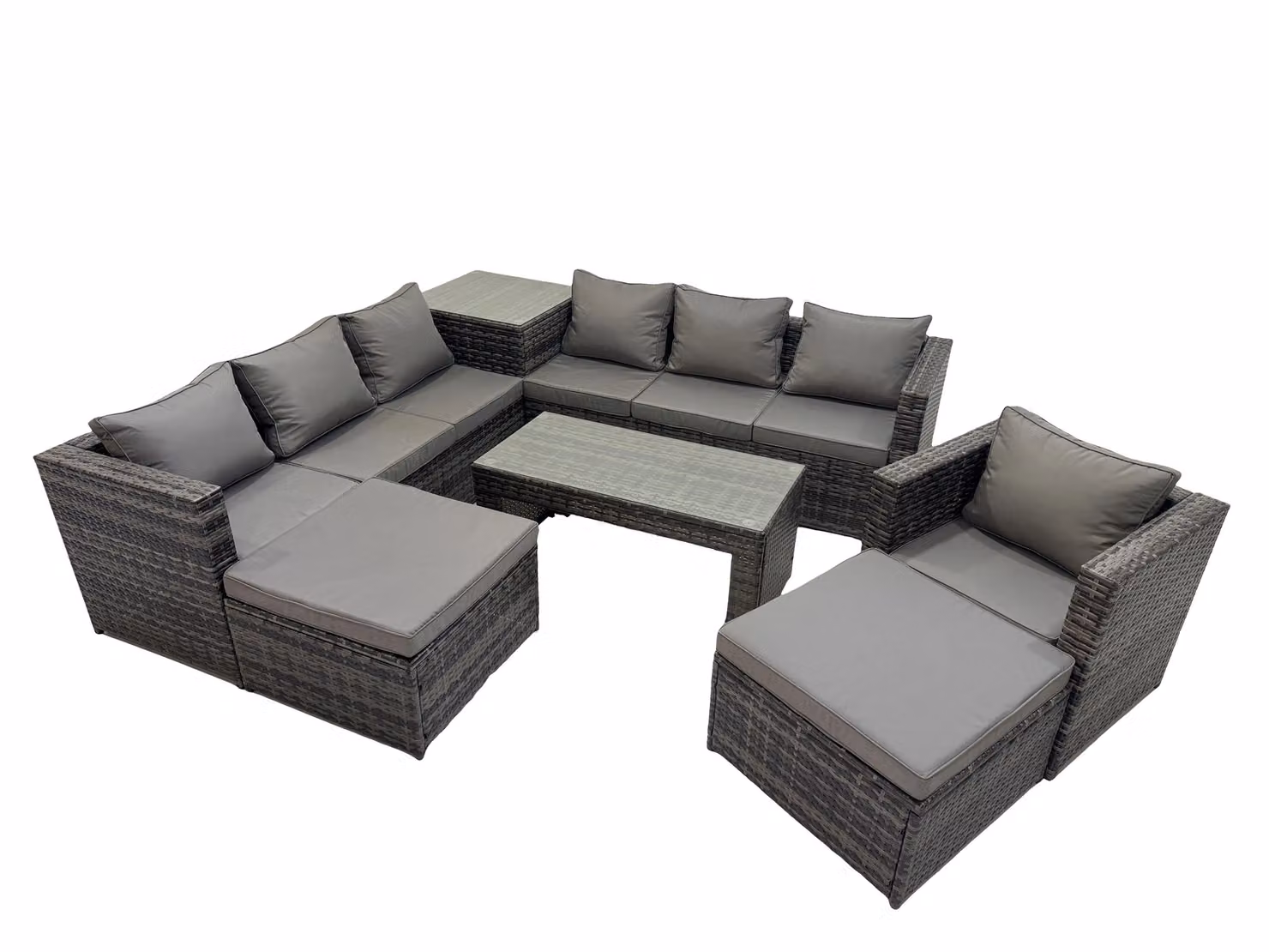 Fimous 9 Seater L-Shape Rattan Garden Furniture Set in Dark Grey with Upholstered Cushions, 3 Seater Sofa, Armchair, Ottoman and Coffee Table – 2