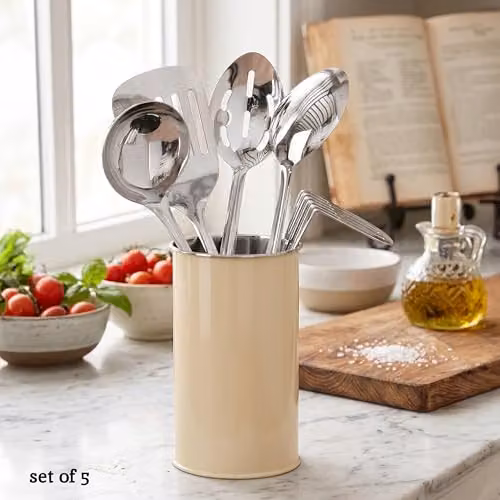 Orsina 5-Piece Cream Enamel Kitchen Utensil Set with Stainless Steel Tools and Holder – 2