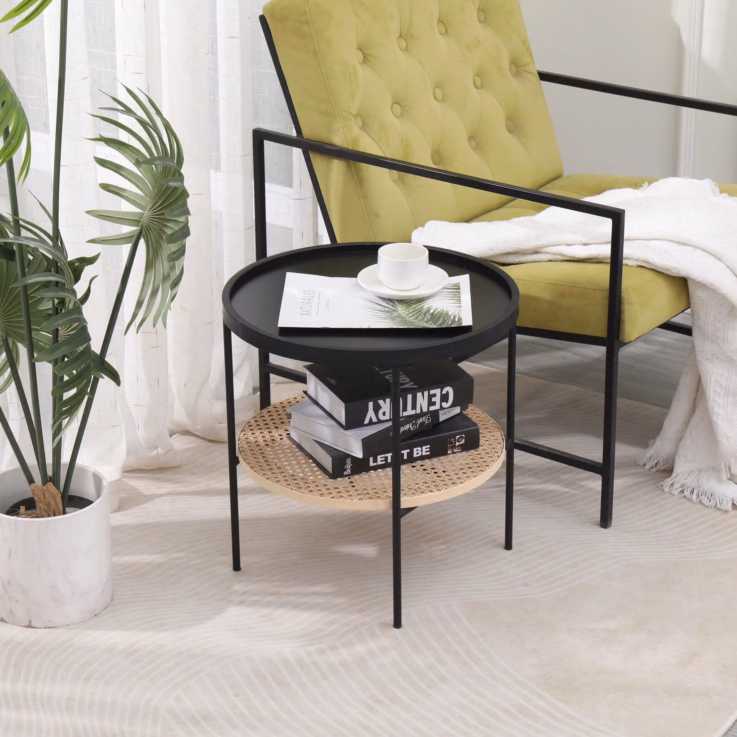 Nordlys Industrial Round End Table with Black Lacquered Metal and Rattan Cane, W/D/H: 45.5 x 45.0 x 45.0 cm – 2
