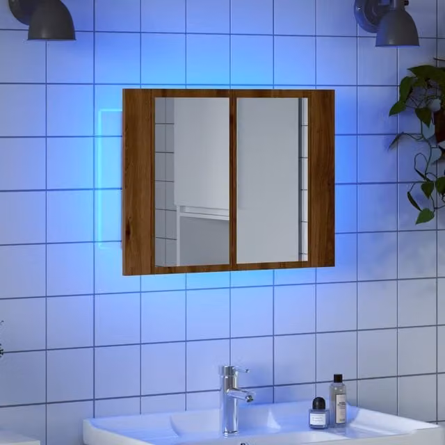 Berkfield Home Artisan Oak LED Mirror Cabinet in Brown, W/D/H: 60 x 12 x 45 cm – 1