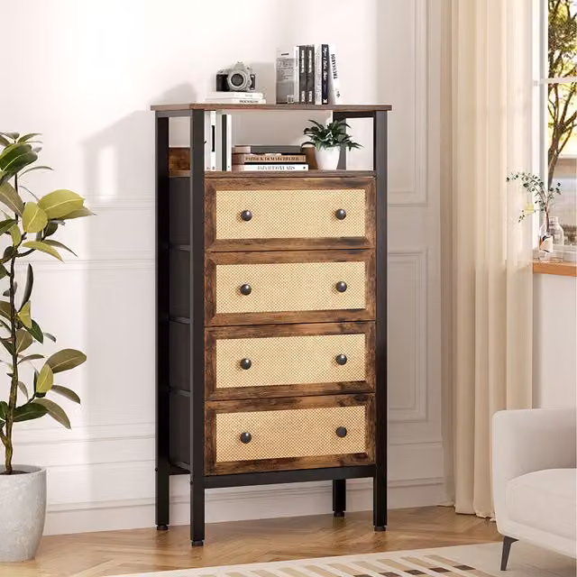 Komore Rustic Rattan and Wood Storage Cabinet in Brown and Black, Height: 126.2 cm