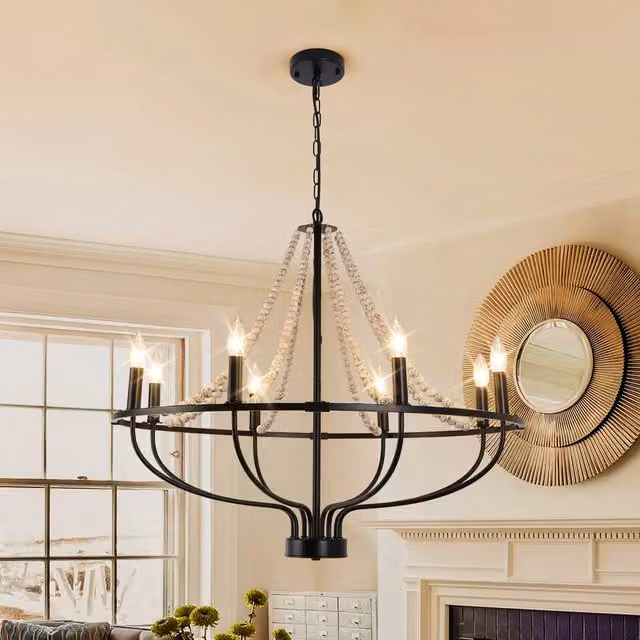 Garwarm 8-Light Dimmable Wagon Wheel Chandelier with Beaded Accents in Black and Wood