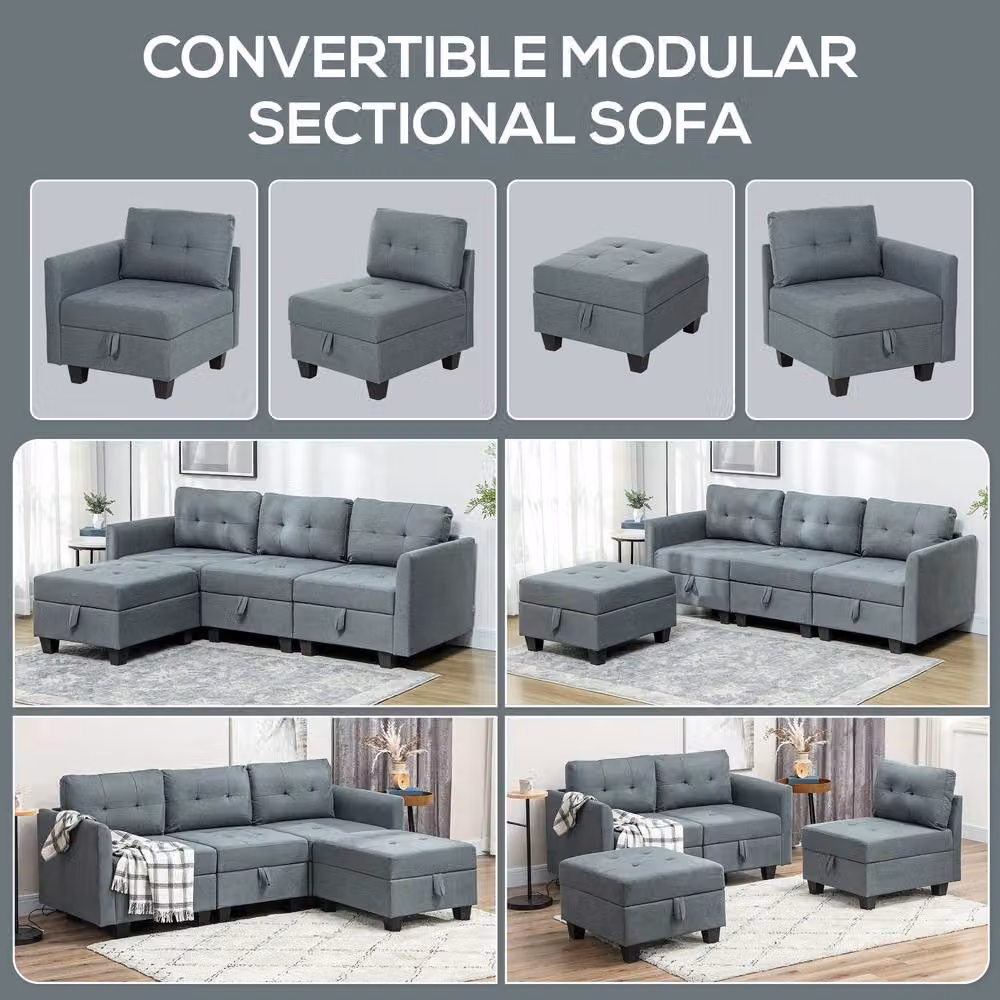 ERGOVEXA L-Shape Modular Sofa in Grey with Storage and Reversible Fabric Upholstery – 4