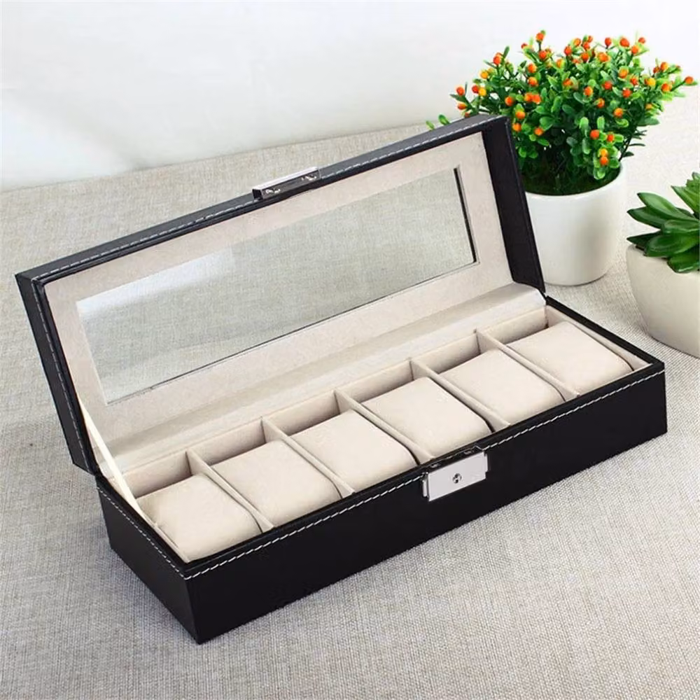 Nordara 6 Slot Watch Storage Box and Jewelry Organiser in Black with Leather and Glass Finish – 6