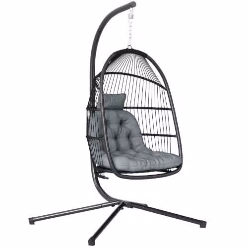 Outsunny Rattan Hanging Egg Chair with Stand and Cushions, Grey – 1