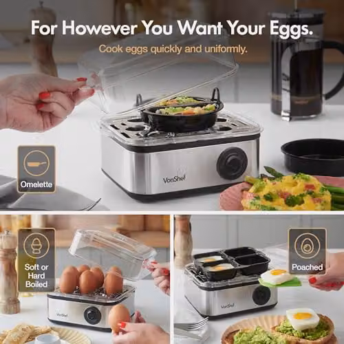 VonShef 3 in 1 Electric Egg Boiler, Poacher and Omelette Maker in Silver and Stainless Steel – 3