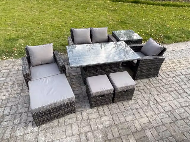 Fimous High Back Rattan Garden Furniture Sofa Set with Height Adjustable Lifting Side Table in Dark Grey