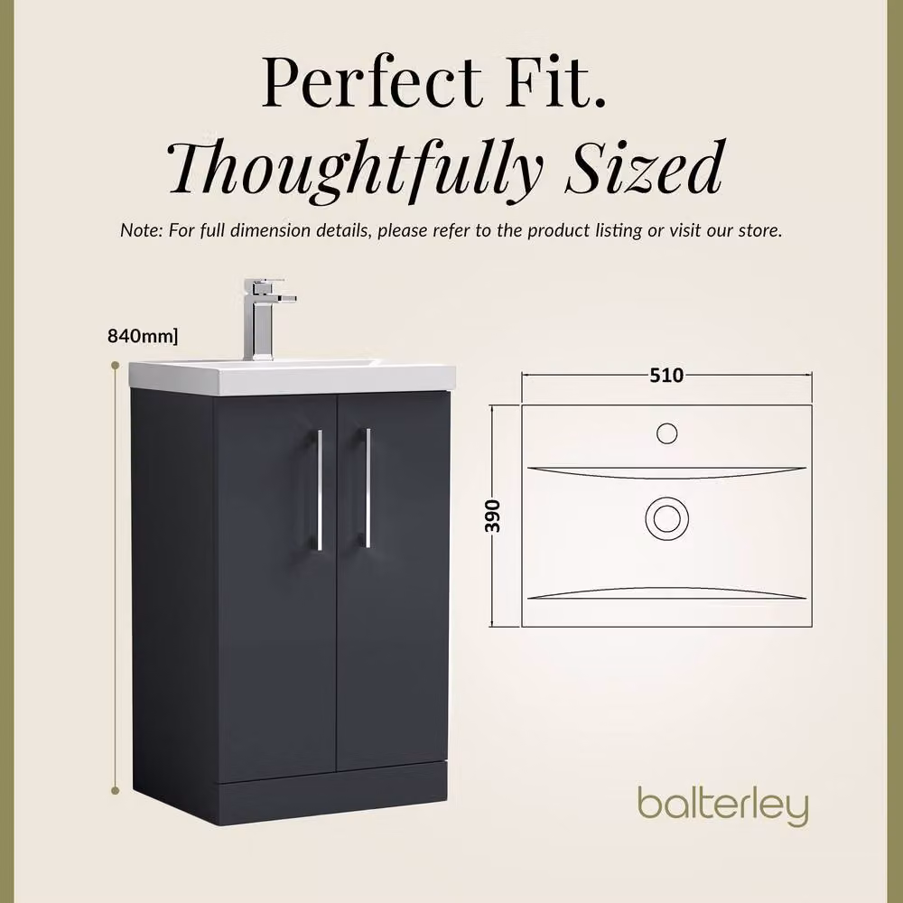 Balterley Modern Bathroom Floor Standing Vanity Unit with 2 Soft Close Doors and Rectangular Mid-Edge Basin, Dark Grey Matt – 4