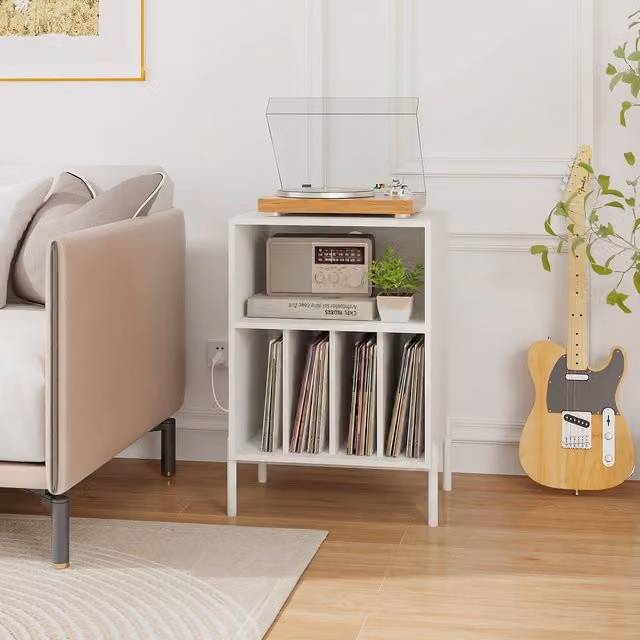 COSTWAY Modern White Metal Freestanding Vinyl Record Holder with Media Compartments