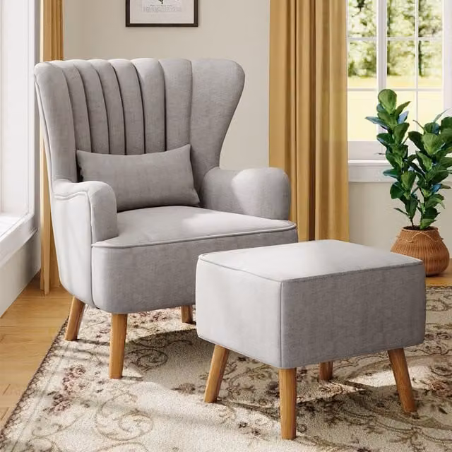 Livingandhome Grey Linen Wing Back Armchair with Matching Cushion and Footstool