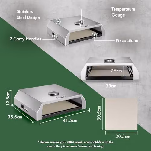 VonHaus Portable Outdoor BBQ Pizza Oven in Silver with Stainless Steel Finish, Thermometer and Pizza Stone, W/D/H: 41.5 x 35.5 x 40 cm – 4