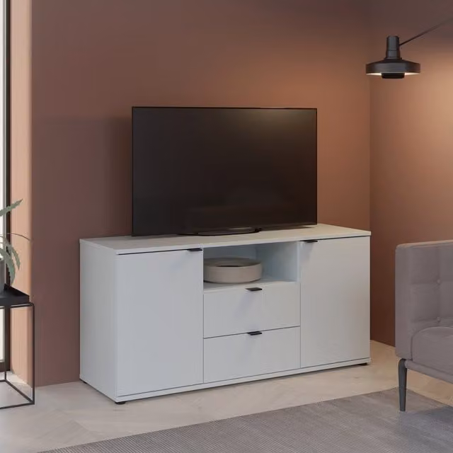 Furniture To Go Ganymede Modern TV Unit with Open Shelf, 2 Drawers and 2 Doors in Grey and White