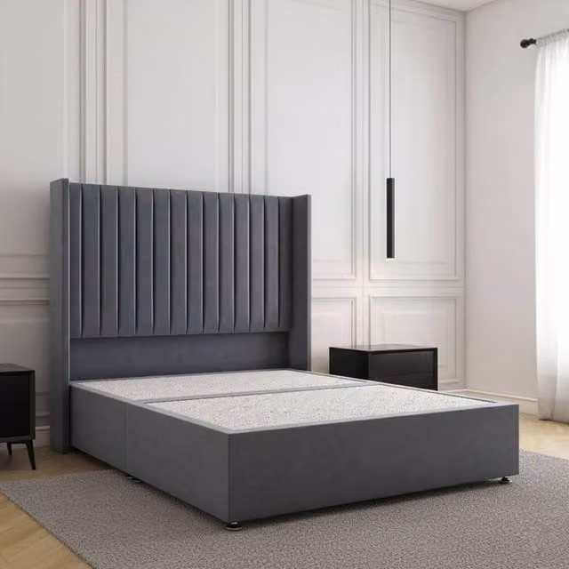 Regional Furnishings Plush Velvet Double Divan Bed Base with 54 inch Headboard in Charcoal Grey, W/D/H: 140 x 200 x 30.48 cm