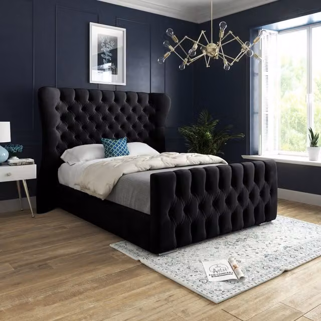 Lika Soft Velvet Upholstered Wide Curved Winged Single Bed Frame in Black