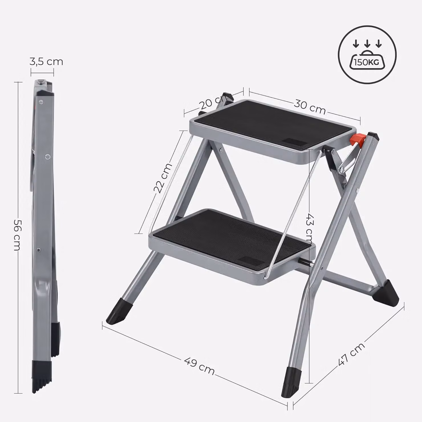 SONGMICS Heavy Duty 2-Step Folding Steel Step Ladder in Grey with Handle and Rubber Feet – 3