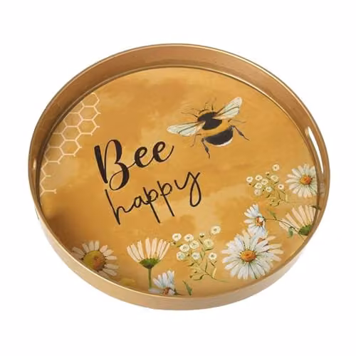Heaven Sends Bee Happy Round Decorative Metal Tabletop Tray, Yellow, Diameter: 33 cm