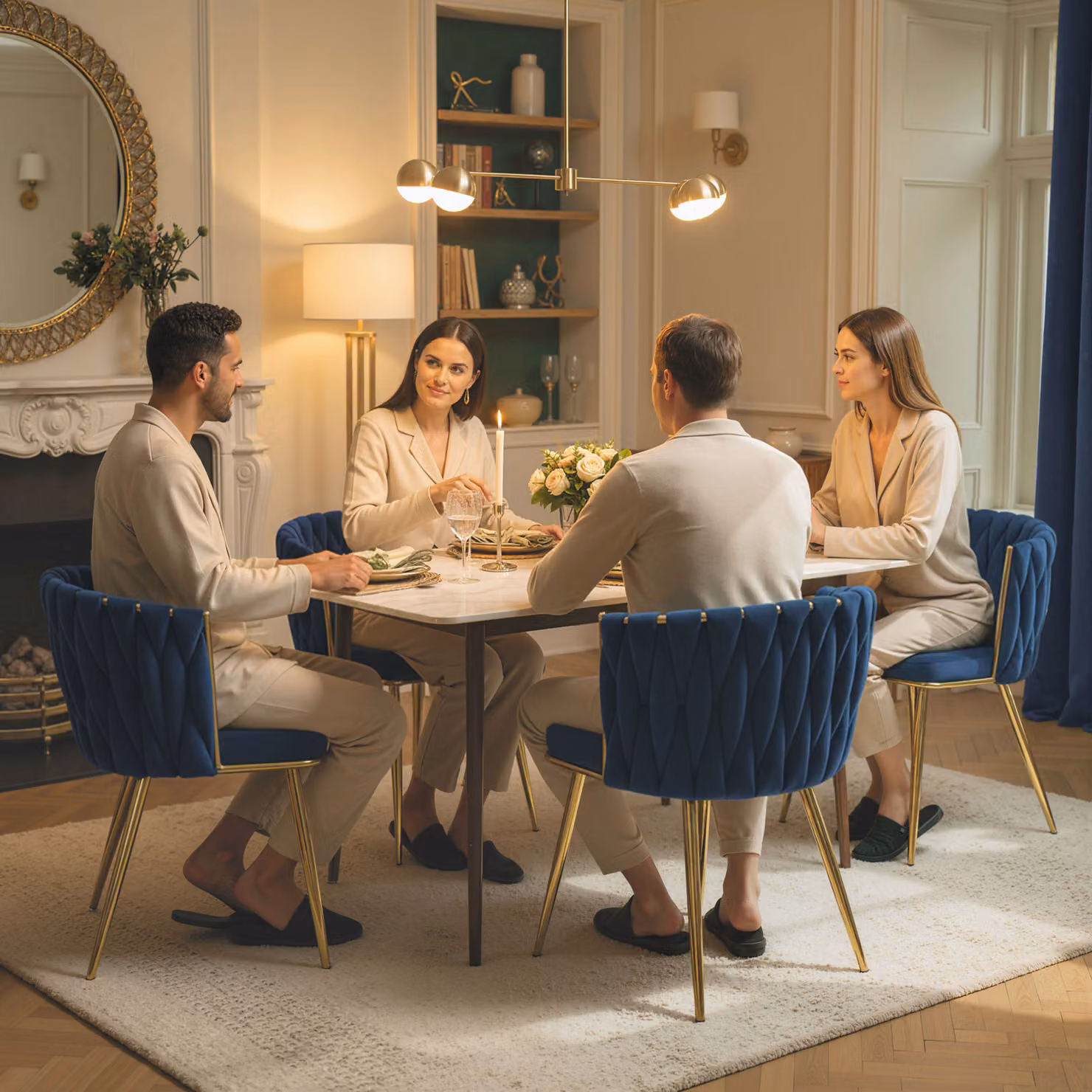 HOMCOM Set of 2 Modern Velvet Upholstered Dining Chairs with Armrests and Metal Legs, Blue and Gold – 7